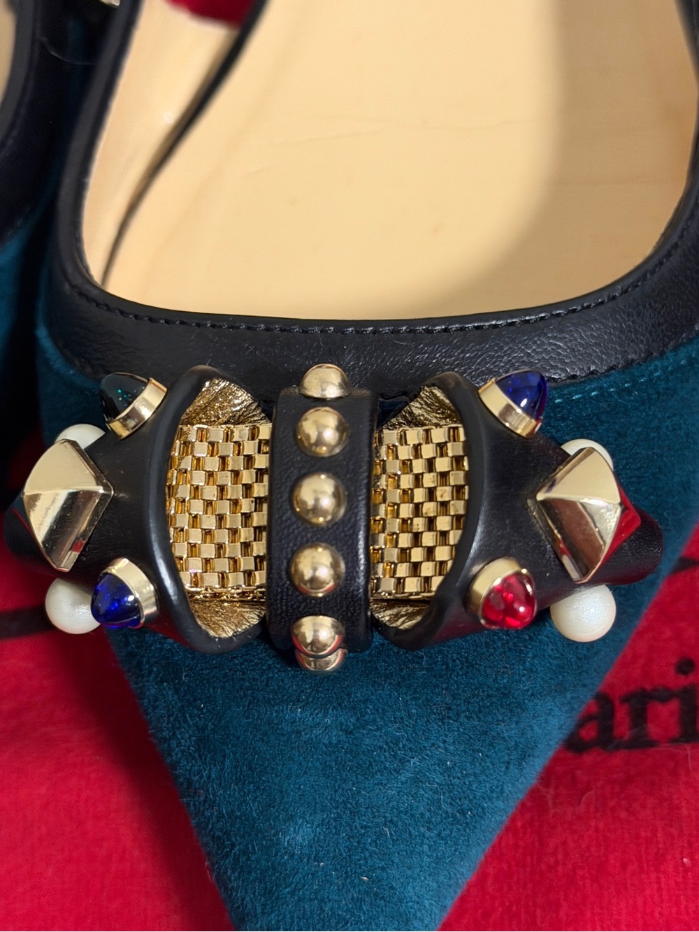 Christian Louboutin Two-Tone Jeweled Suede Flat Shoes -Blue & Red Authentic - Picture 4 of 6